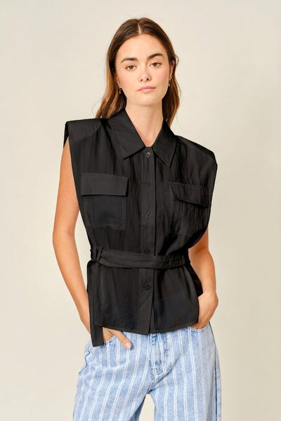 Front Pocket Belted Blouse with Cap Sleeve - Lulu Bella Boutique