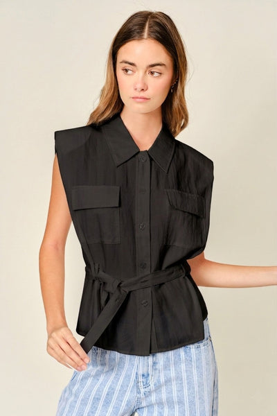Front Pocket Belted Blouse with Cap Sleeve - Lulu Bella Boutique