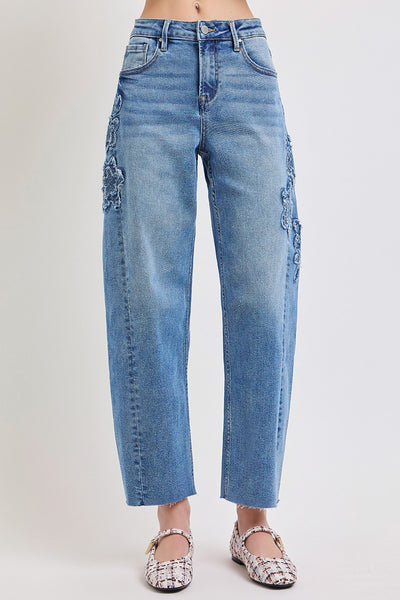 Slouchy Crop Barrel Flower Patch Detail Jeans