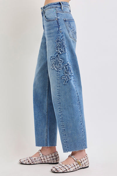 Slouchy Crop Barrel Flower Patch Detail Jeans