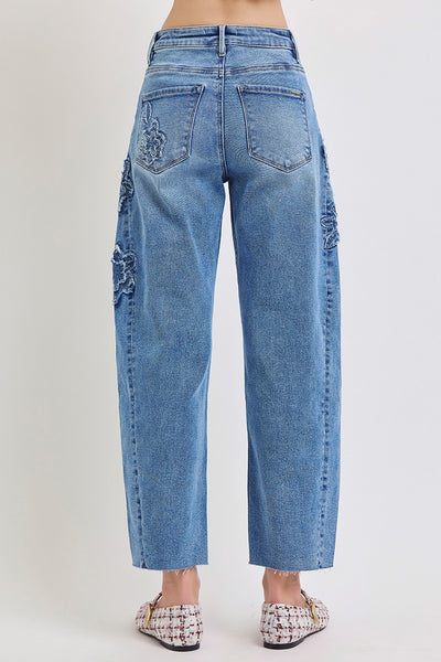 Slouchy Crop Barrel Flower Patch Detail Jeans