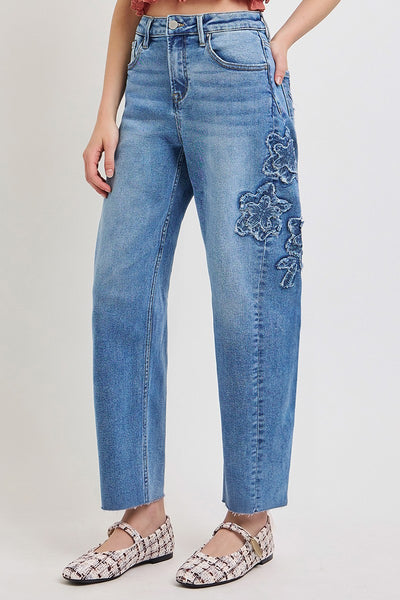 Slouchy Crop Barrel Flower Patch Detail Jeans