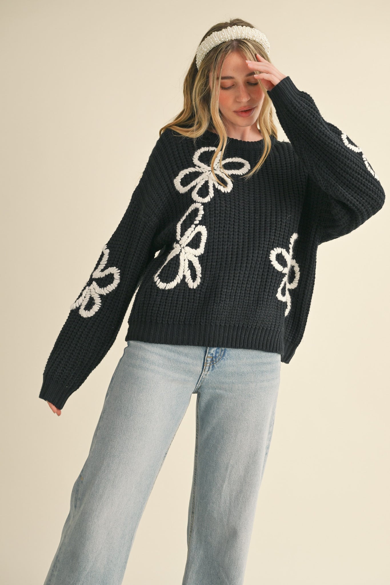 Floral Contrast Stitch Sweater