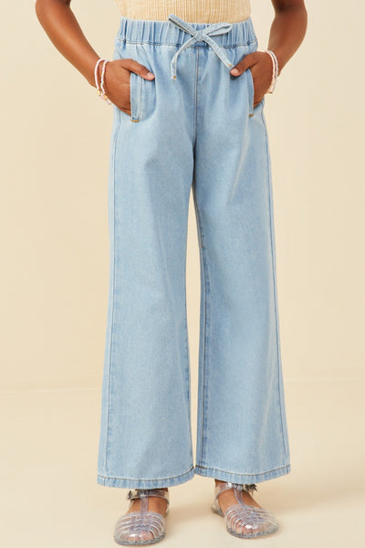 Girls Wide Leg Drawstring Waist Denim Pants - Lulu Bella Boutique