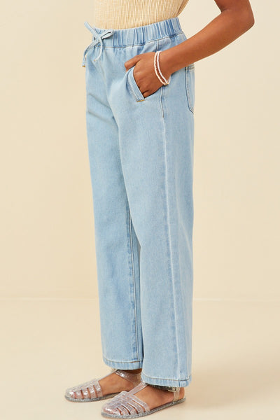 Girls Wide Leg Drawstring Waist Denim Pants - Lulu Bella Boutique