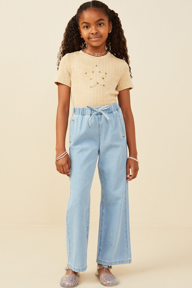 Girls Wide Leg Drawstring Waist Denim Pants - Lulu Bella Boutique