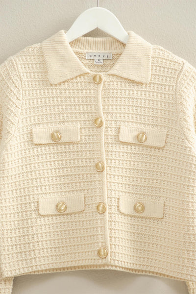 Textured Knit Sweater Jacket With Gold Buttons