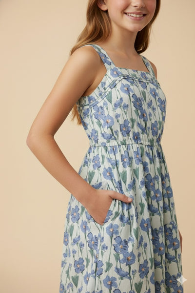 Girls Floral Print Pleat Detail Sleeveless Poplin Dress - Lulu Bella Boutique