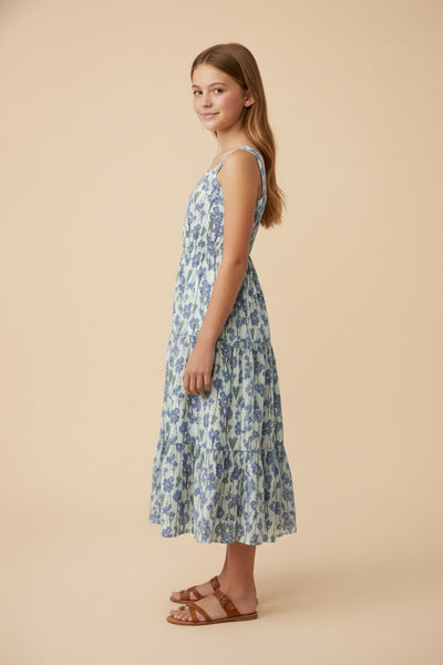 Girls Floral Print Pleat Detail Sleeveless Poplin Dress - Lulu Bella Boutique