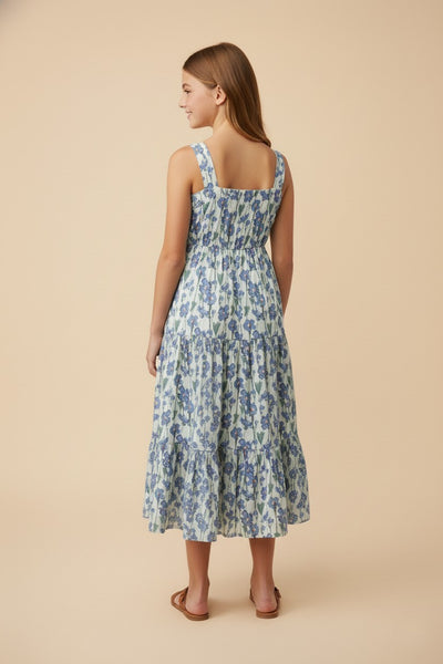Girls Floral Print Pleat Detail Sleeveless Poplin Dress - Lulu Bella Boutique