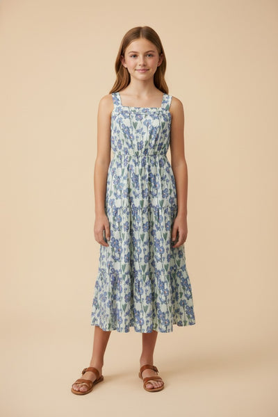 Girls Floral Print Pleat Detail Sleeveless Poplin Dress - Lulu Bella Boutique