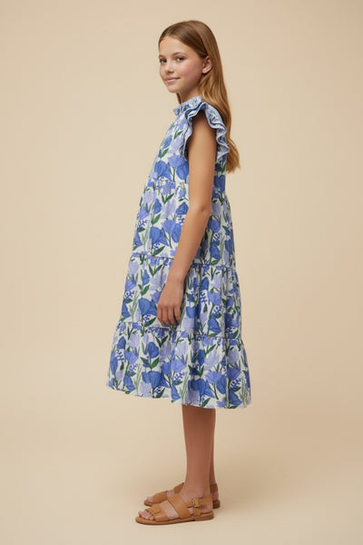 Girls Contrast Piped Ruffle Neck Floral Tank Dress - Lulu Bella Boutique