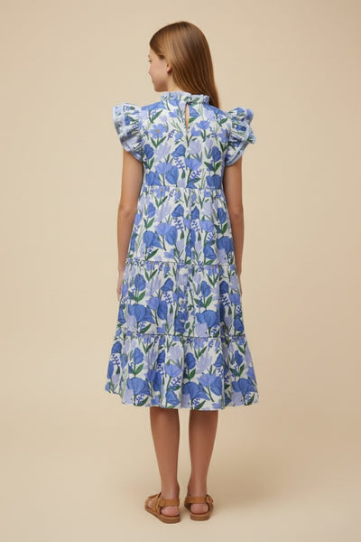 Girls Contrast Piped Ruffle Neck Floral Tank Dress - Lulu Bella Boutique