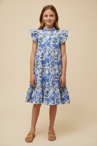 Girls Contrast Piped Ruffle Neck Floral Tank Dress - Lulu Bella Boutique