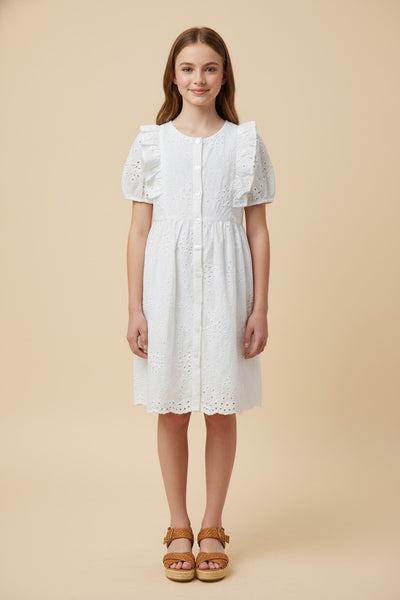 Girls Button Down Floral Eyelet Dress - Lulu Bella Boutique