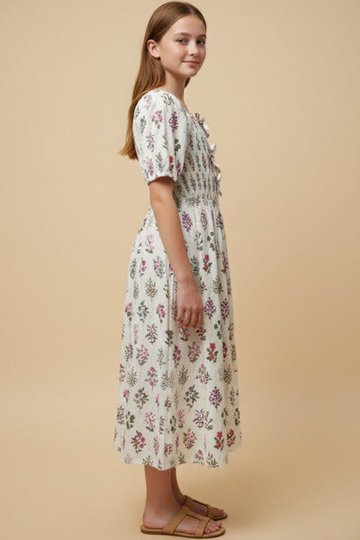 Girls Block Print Bow Detailed Smocked Dress - Lulu Bella Boutique