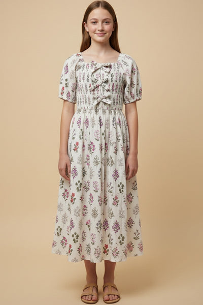 Girls Block Print Bow Detailed Smocked Dress - Lulu Bella Boutique