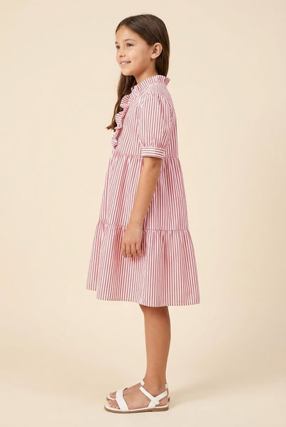 Girls Pinstripe Ruffle Neck Dress - Lulu Bella Boutique