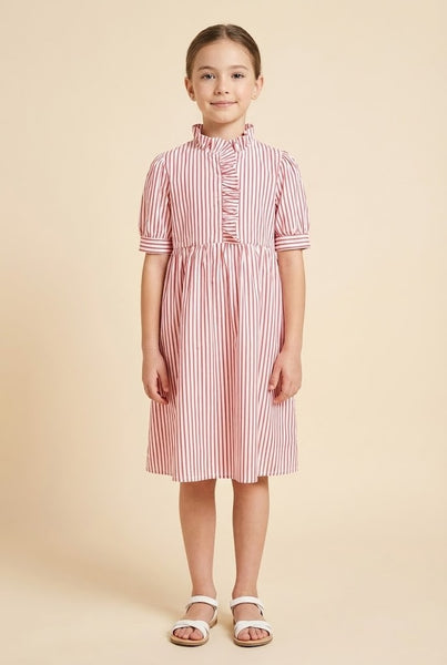 Girls Pinstripe Ruffle Neck Dress - Lulu Bella Boutique