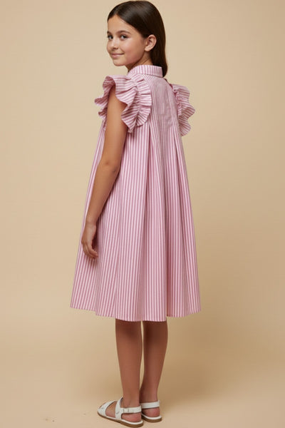 Girls Button Collared Pleated Pinstripe Dress - Lulu Bella Boutique
