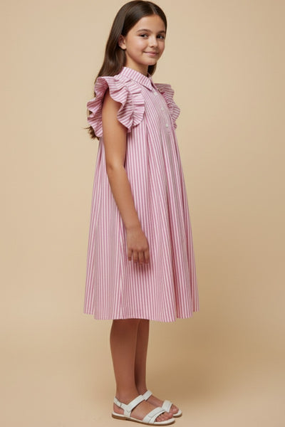 Girls Button Collared Pleated Pinstripe Dress - Lulu Bella Boutique