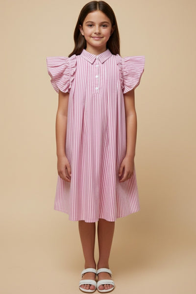 Girls Button Collared Pleated Pinstripe Dress - Lulu Bella Boutique