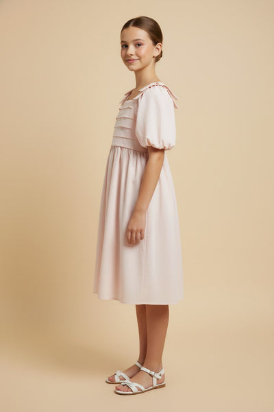 Girls Raised Pleat Detail Bow Detail Puff Sleeve - Lulu Bella Boutique