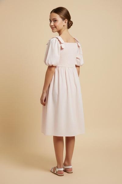 Girls Raised Pleat Detail Bow Detail Puff Sleeve - Lulu Bella Boutique