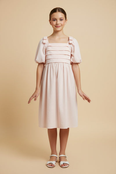 Girls Raised Pleat Detail Bow Detail Puff Sleeve - Lulu Bella Boutique