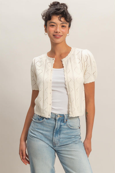 Pointelle Knit Puff Sleeve Button Up Cardigan