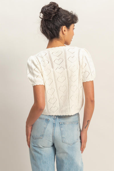 Pointelle Knit Puff Sleeve Button Up Cardigan