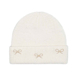 C.C Pearl Bow Charm Cuff Beanie: Ivory