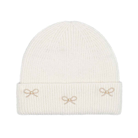 C.C Pearl Bow Charm Cuff Beanie: Ivory