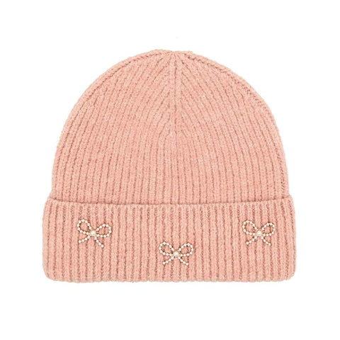 C.C Pearl Bow Charm Cuff Beanie: Rose