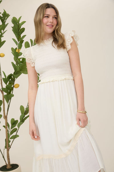 Smocked Eyelet Trim Ruffle Detail Midi Dress - Lulu Bella Boutique