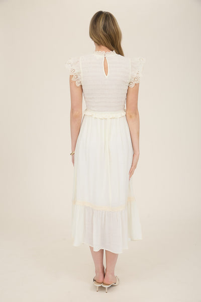 Smocked Eyelet Trim Ruffle Detail Midi Dress - Lulu Bella Boutique