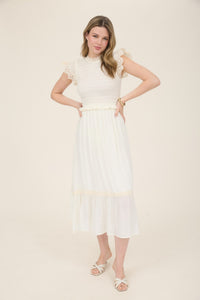 Smocked Eyelet Trim Ruffle Detail Midi Dress
