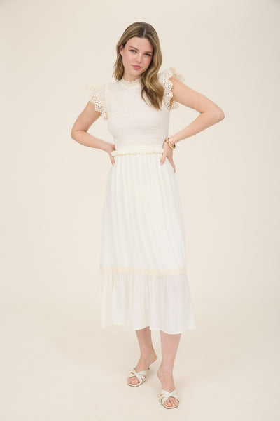 Smocked Eyelet Trim Ruffle Detail Midi Dress - Lulu Bella Boutique