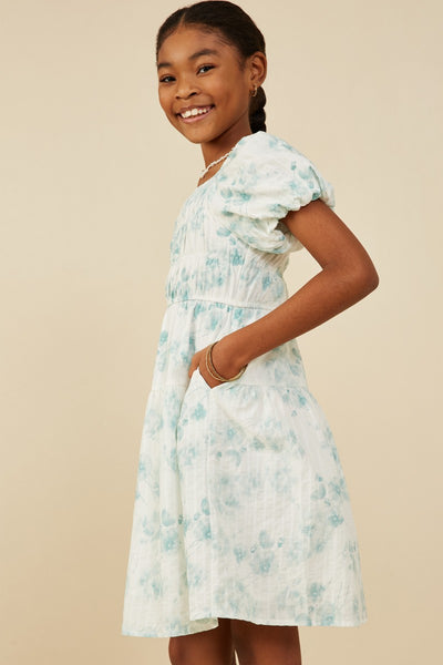 Girls Textured Floral Puff Sleeve Self Tie Dress