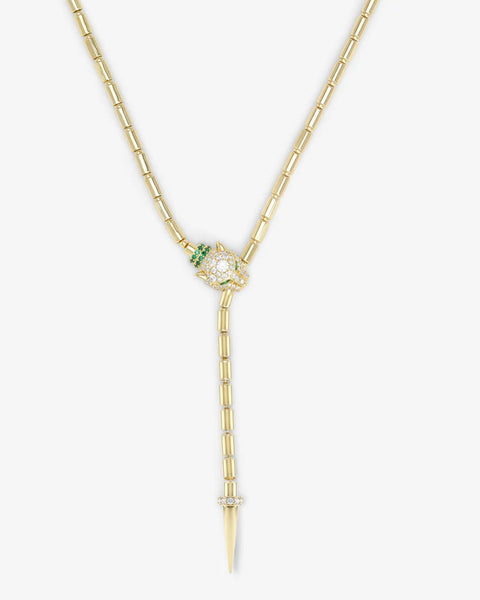 Jaguar Bolo Lariat Necklace Gold|White Diamondettes