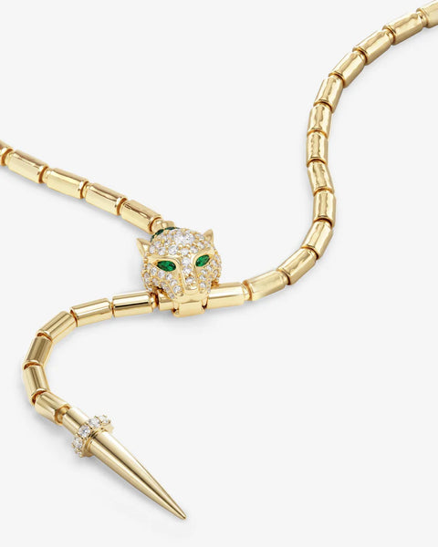 Jaguar Bolo Lariat Necklace Gold|White Diamondettes