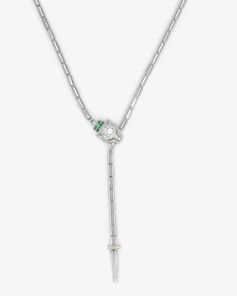Jaguar Bolo Lariat Necklace Silver|White Diamondettes
