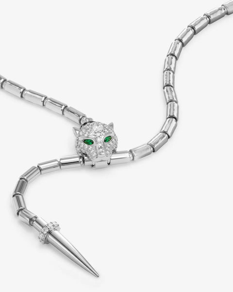 Jaguar Bolo Lariat Necklace Silver|White Diamondettes