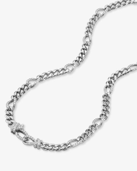 Knot Figaro Chain Necklace Silver|White Diamondettes