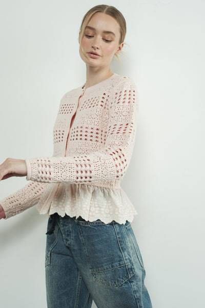 Lace Bottom Pointelle Knit Cardigan