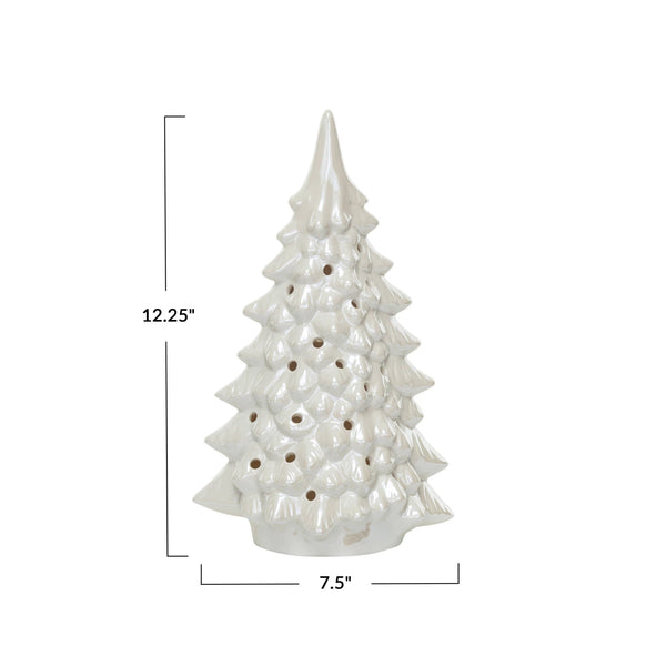 Stoneware LED Tree w/ Cut-Outs, Iridescent Finish, Cream Color