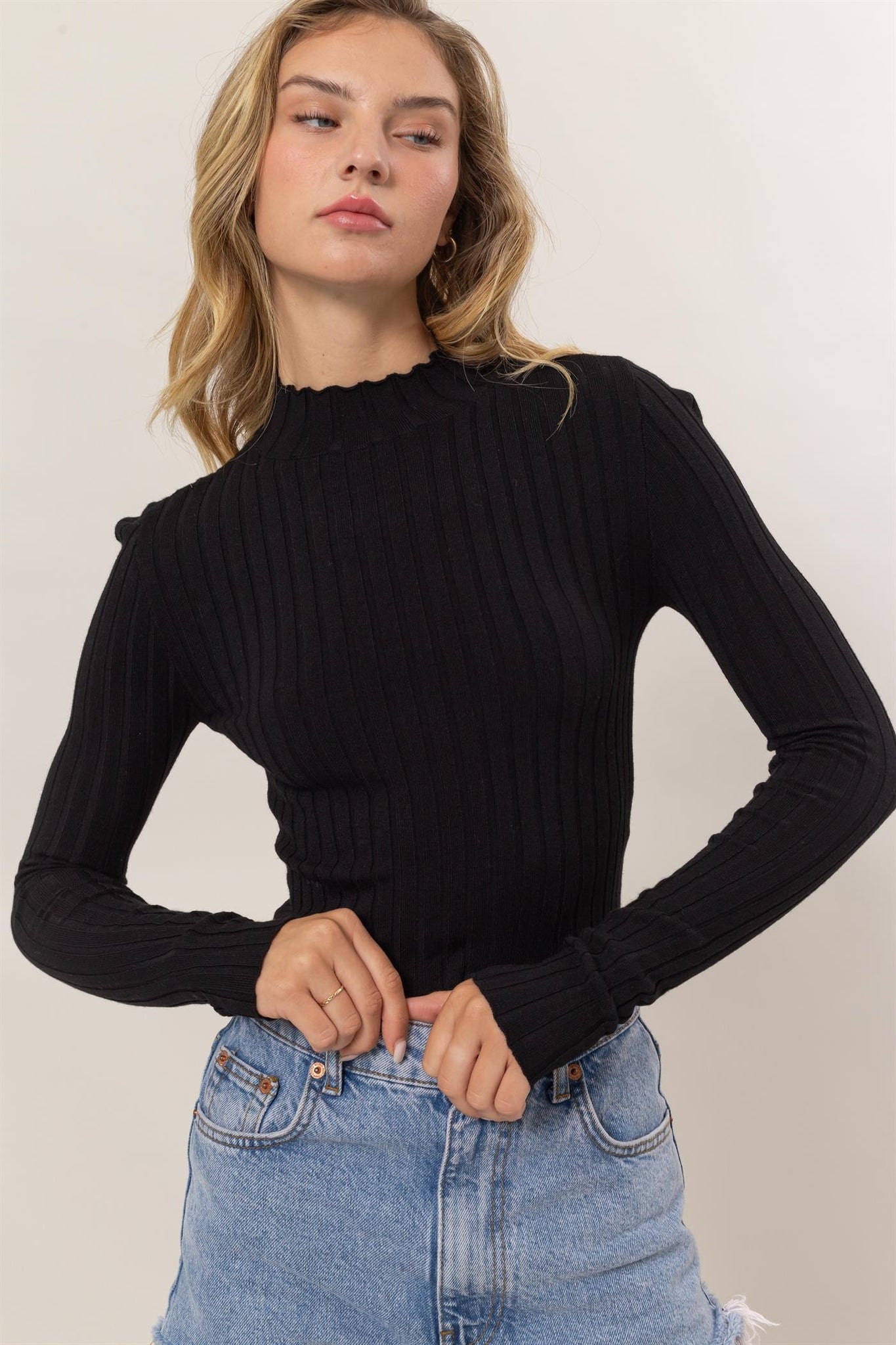 Mock Neck Ribbed Knit Crop Top