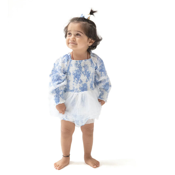 Dream Cottage Floral Blue Long Sleeve Smocked Bubble with Tutu
