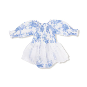 Dream Cottage Floral Blue Long Sleeve Smocked Bubble with Tutu