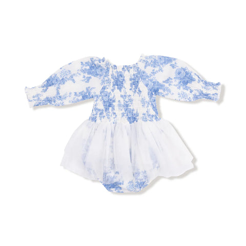 Dream Cottage Floral Blue Long Sleeve Smocked Bubble with Tutu